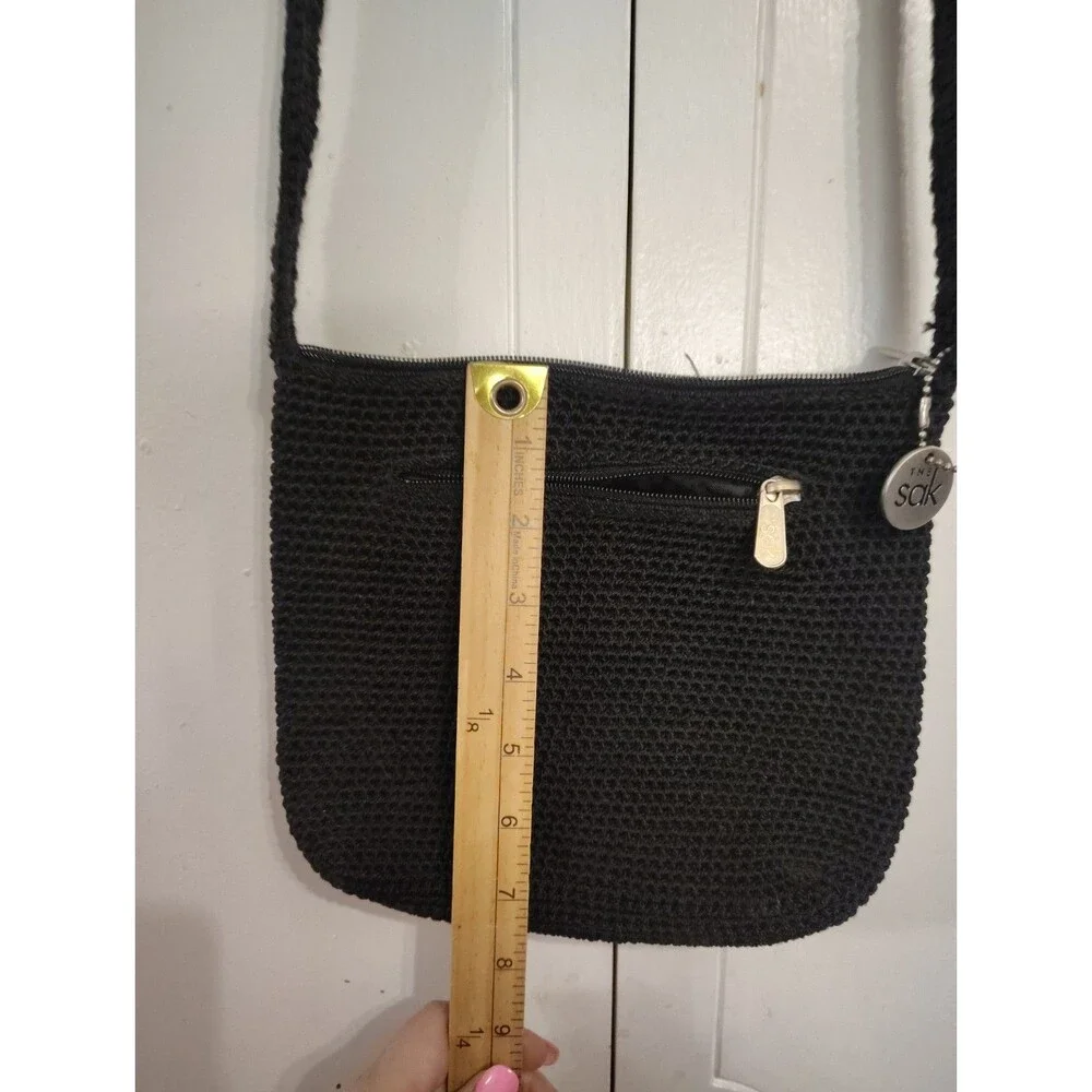 The Sak Black Crochet Shoulder Bag Purse Top Zip Closure Small